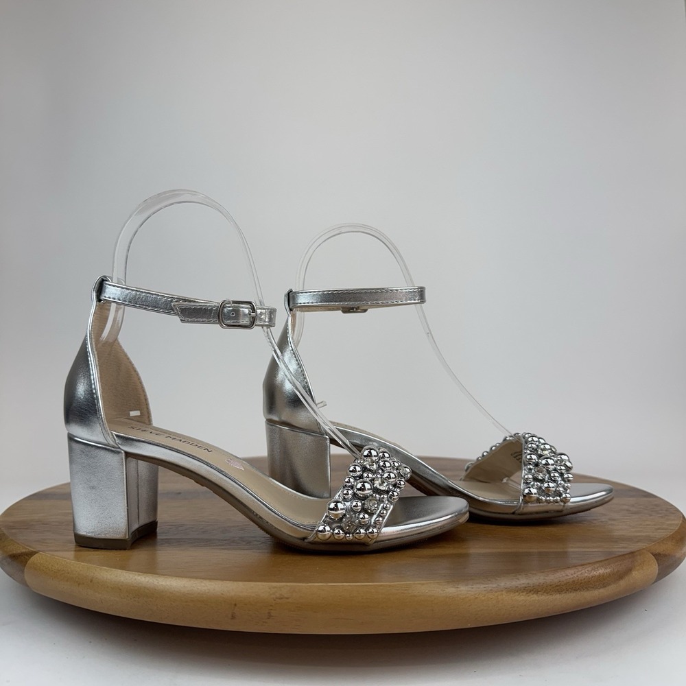 Big Kids Girls Steve Madden Carrson Silver Metallic Bead Block Heels Size 2‎ Y